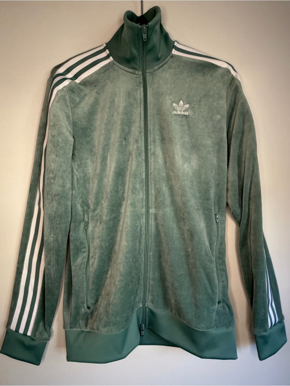 adidas Green Velour Three-Stripe Track Jacket